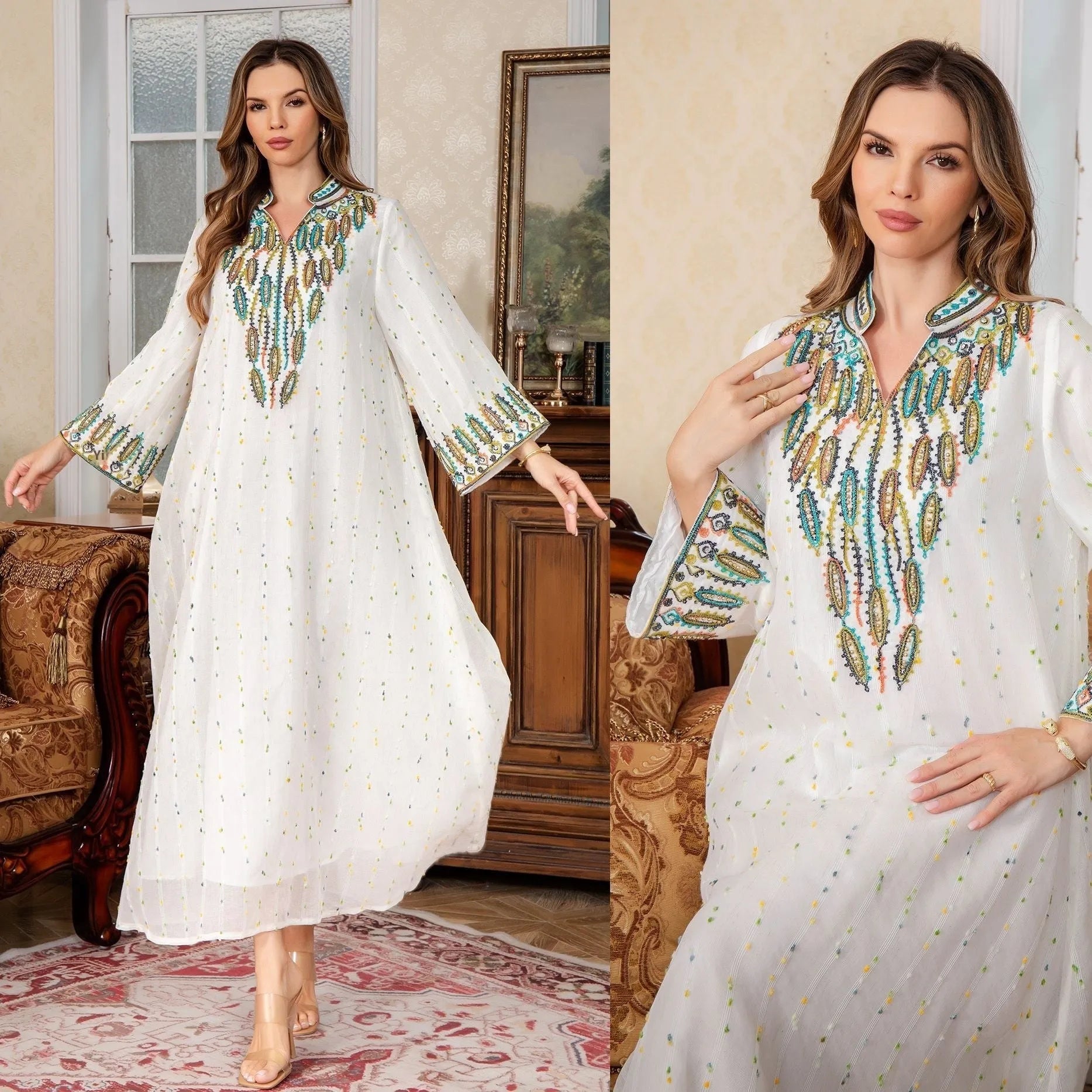 White Arabic women's robe with long sleeves and full-length skirt