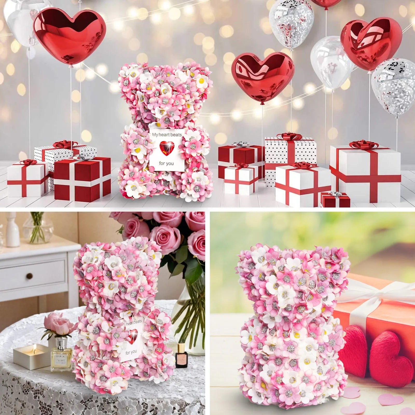 Pink handmade artificial rose bear ornament 17cm polyester foam