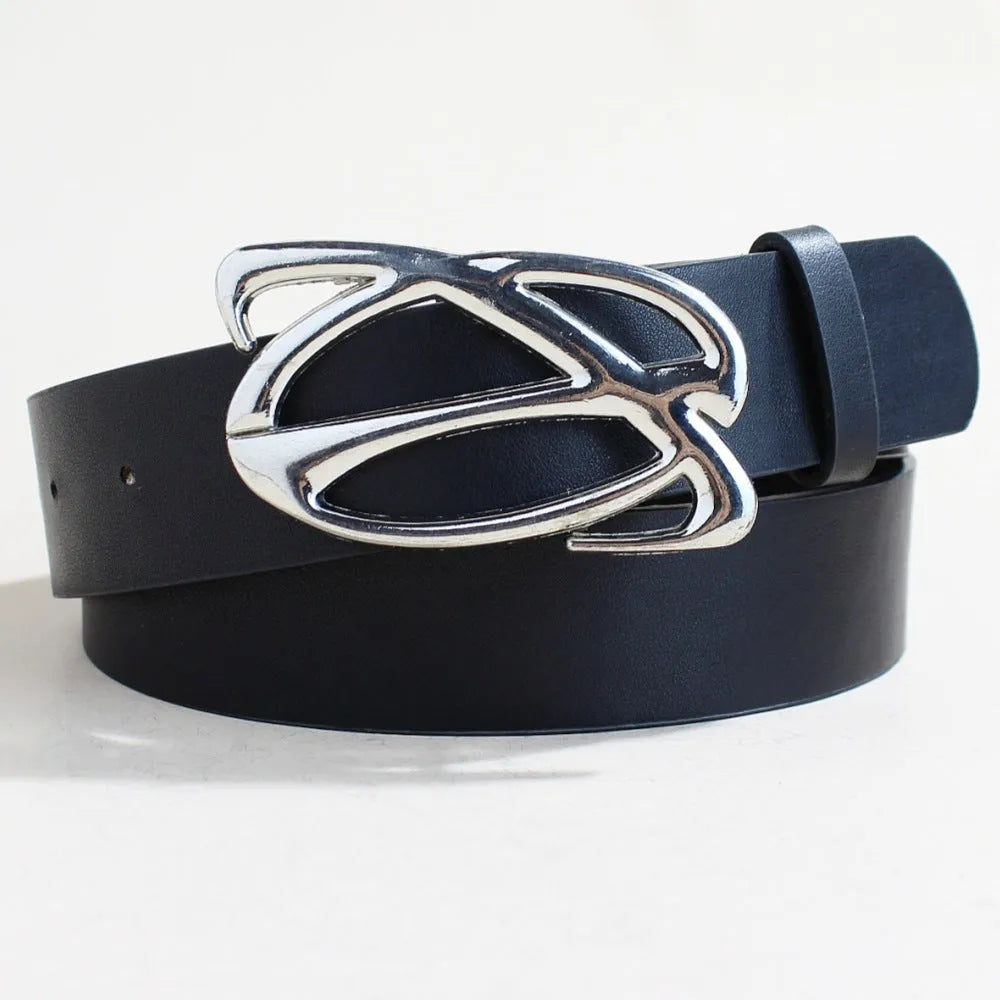 Casual silver buckle belt in PU leather with snap button fastening, showing 3.3cm width and 105cm length