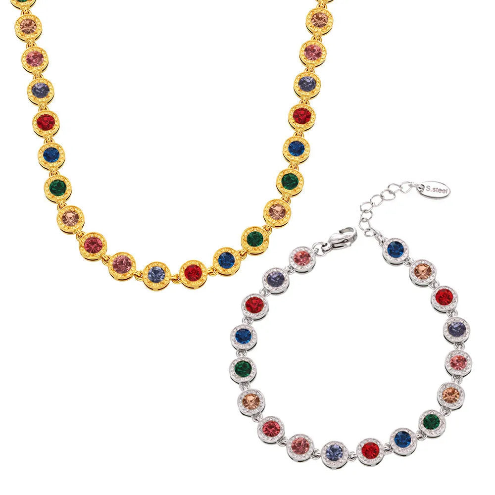 Titanium steel zircon necklace with Bohemian regular chain, golden mixed colour pendant on model