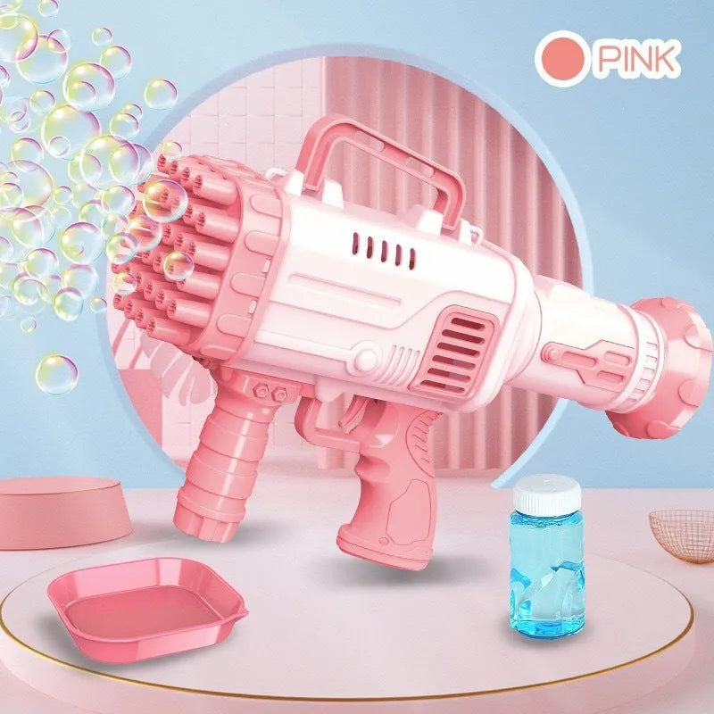 32-hole electric bazooka-style bubble gun toy in cherry pink colour with colourful lights illuminated.