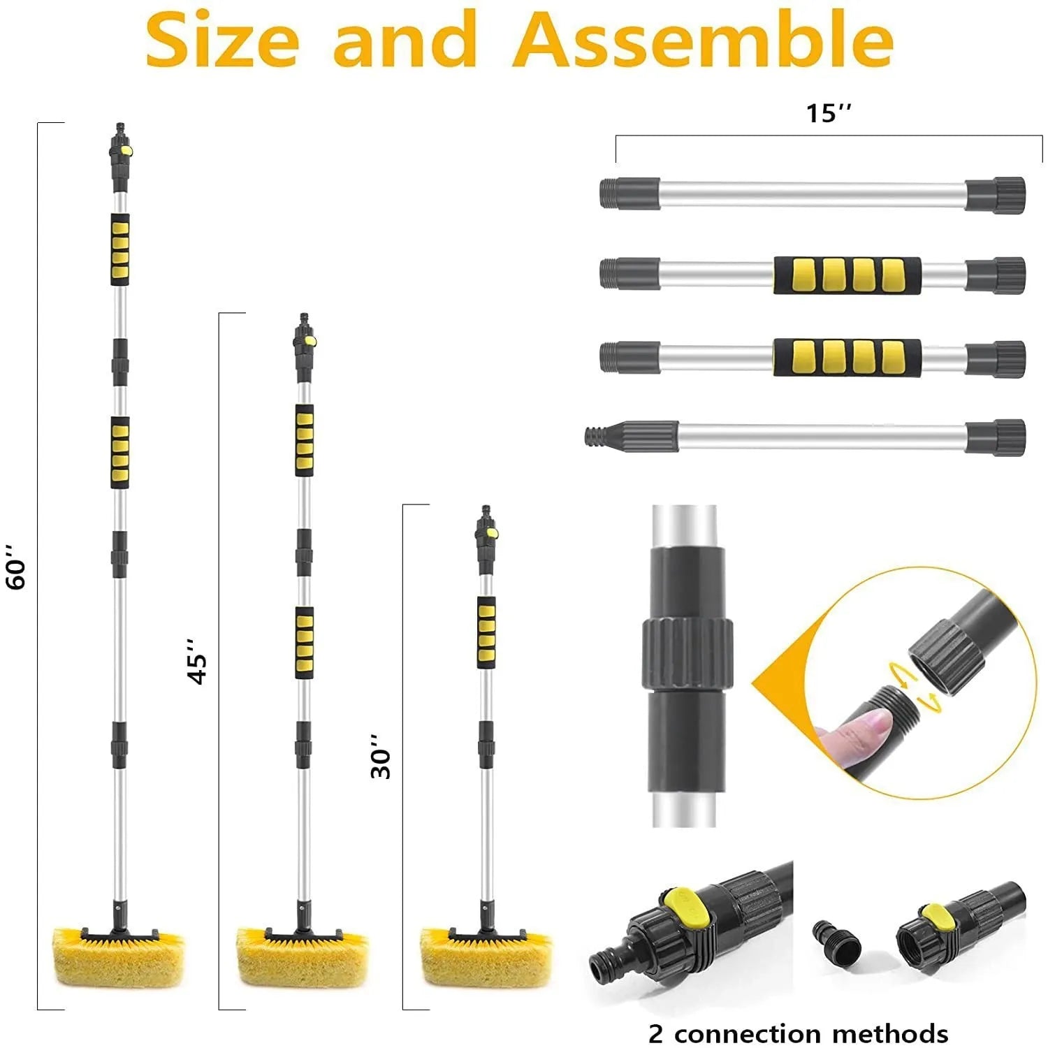 Yellow portable car wash brush with four-section removable rod and flow-through brush head