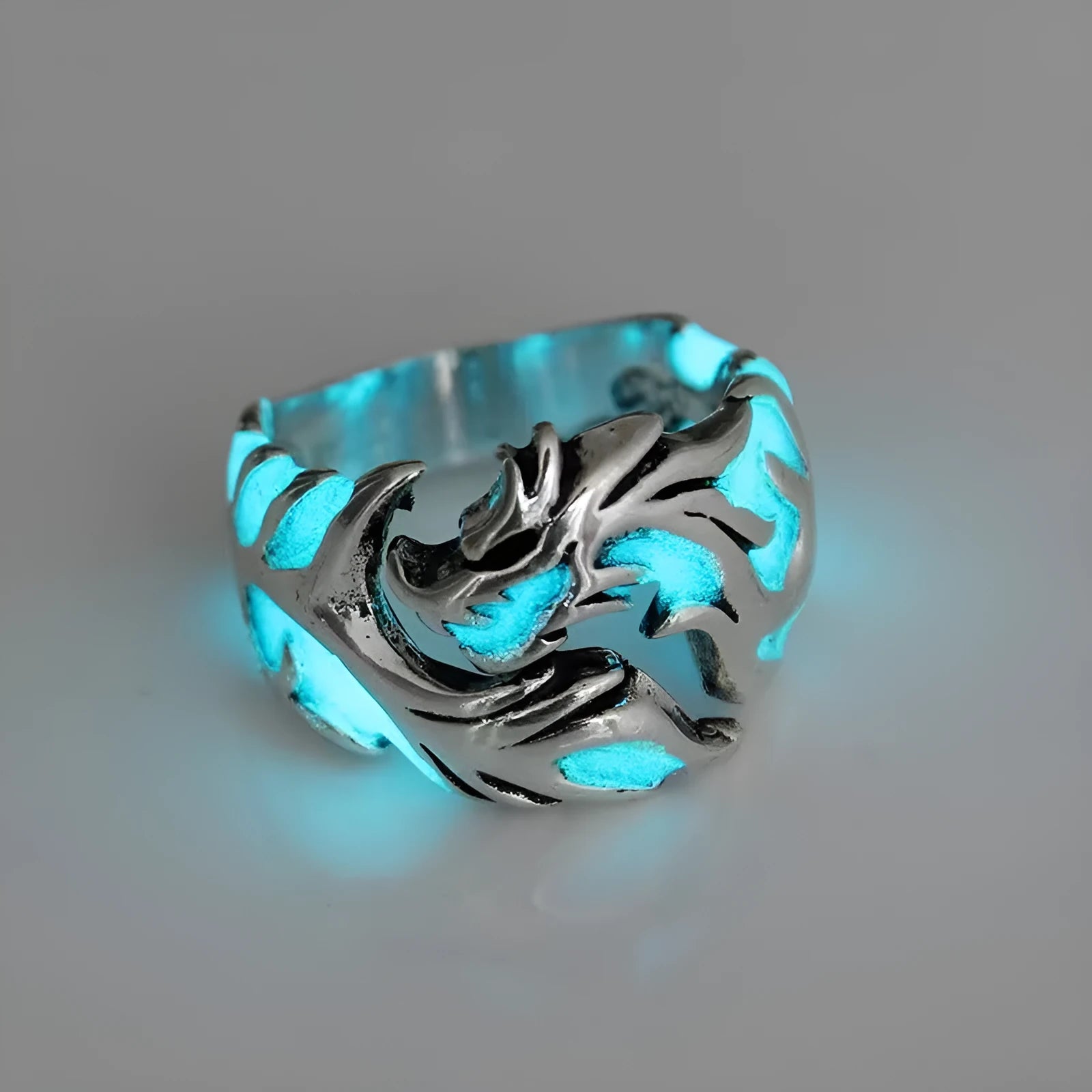 Chinese dragon pattern ring with adjustable opening in antique silver blue and green
