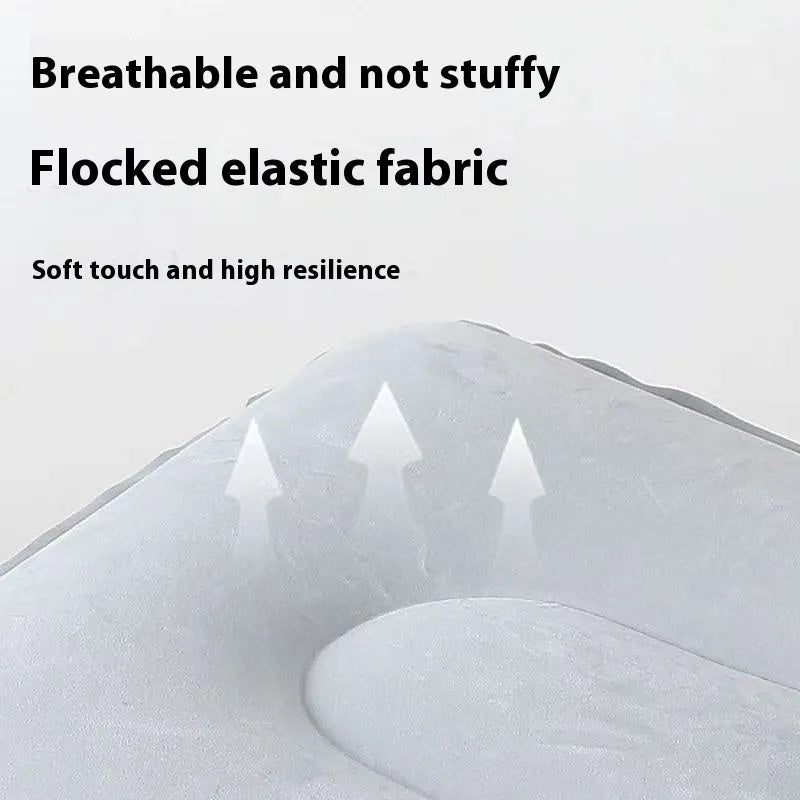 Inflatable seat cushion with flocked surface, shown inflated and folded for portability.