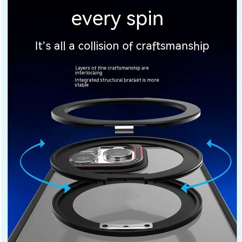 Black silicone phone case with rotary invisible bracket for iPhone, showing magnetic adhesive side and frosted finish