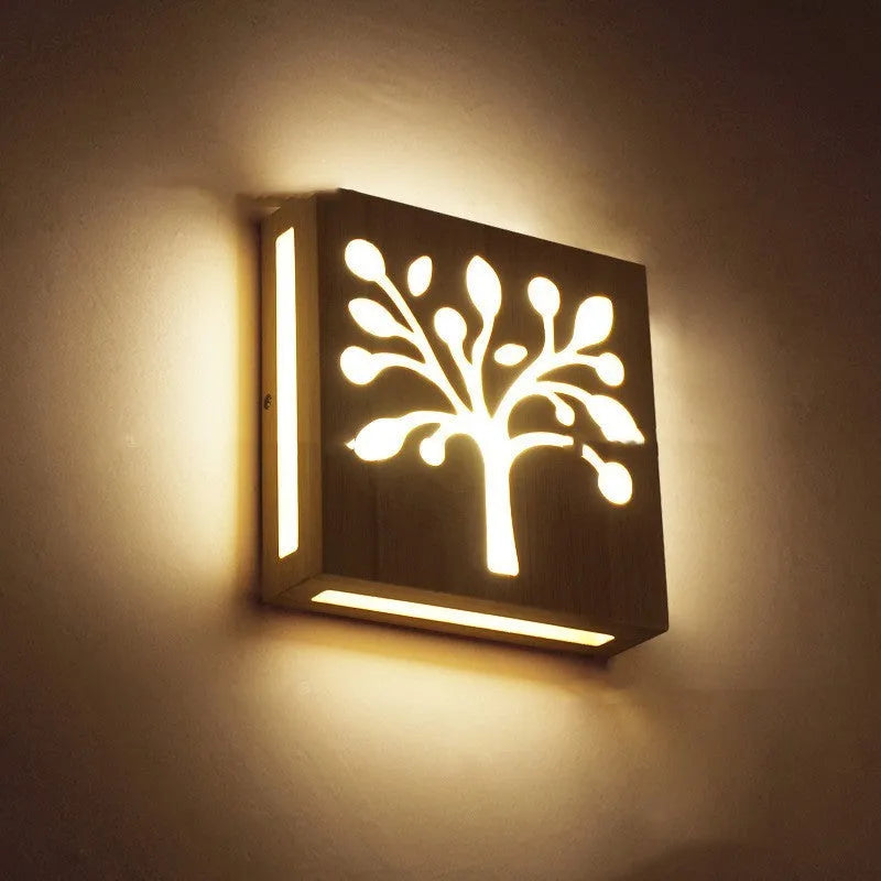 Solid wood wall lamp with Happiness Tree pattern, Japanese modern style, 220V LED, three colours