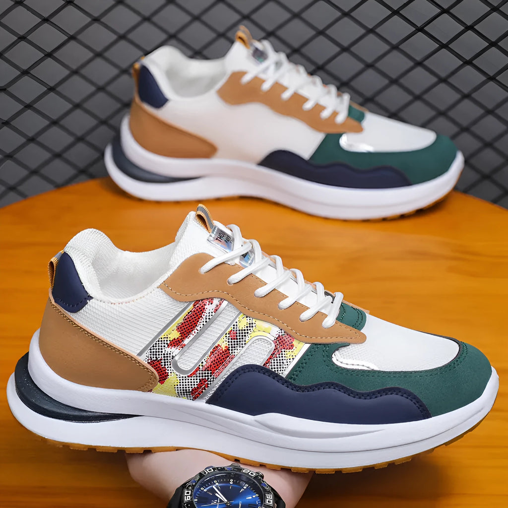 Men's white green and grey mesh casual shoes with a leather toe holder and plastic sole.