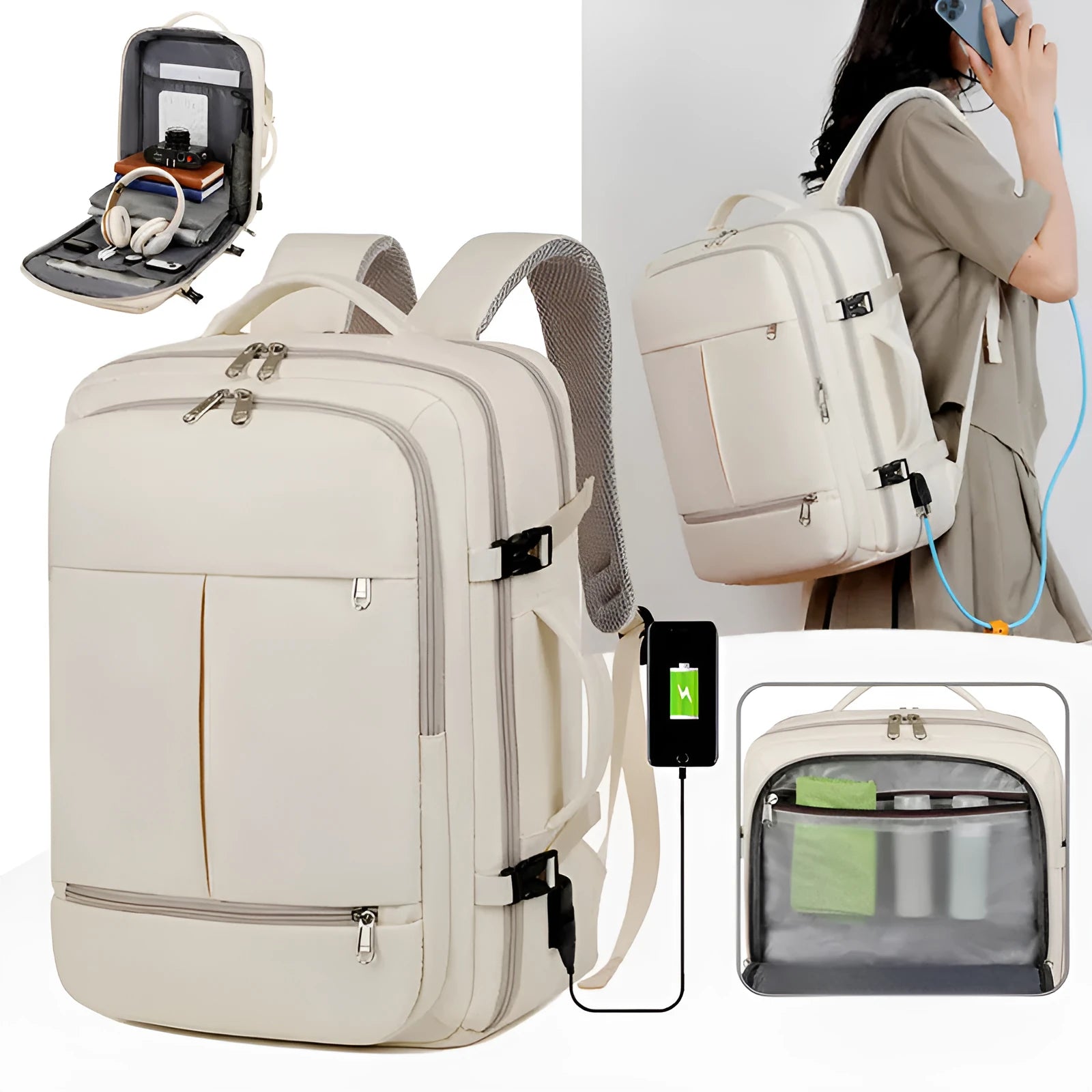 Large waterproof Oxford cloth backpack for business travel with multiple pockets, shown in available colours