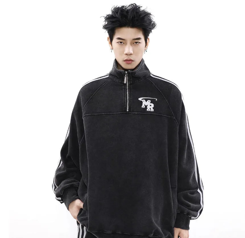 Black polyester sports hoodie with stand collar and long sleeves