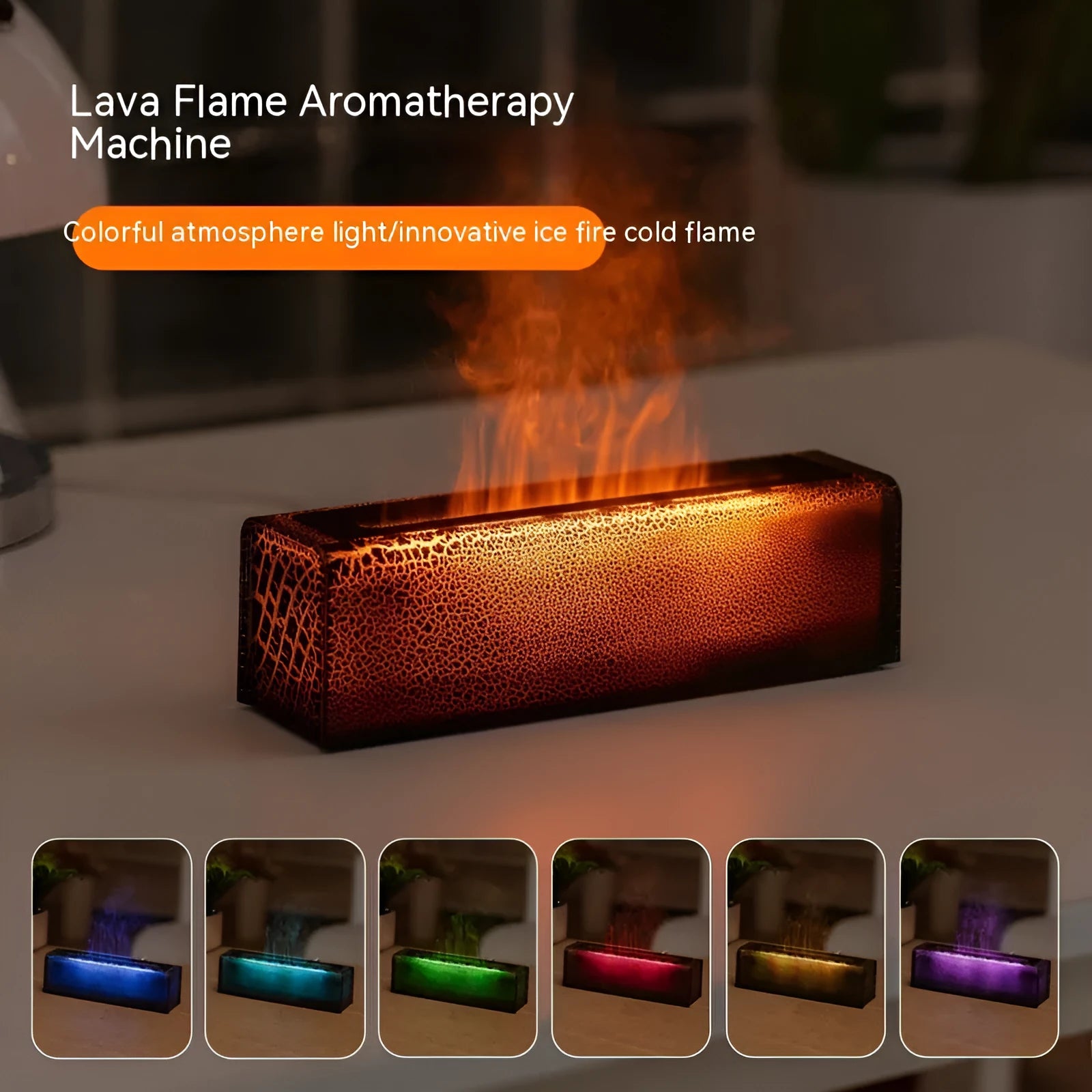 Square black creative lava lamp USB desktop humidifier and essential oil diffuser on a wooden desk.