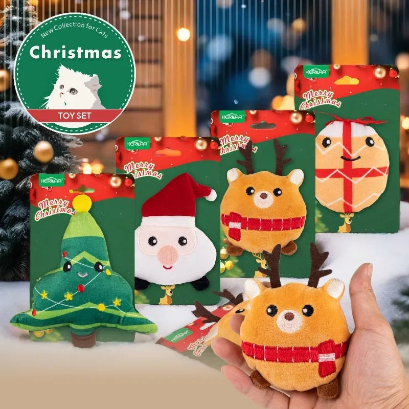 Christmas cat plush toy with catnip in Santa Claus, Christmas tree, elk, or smiling egg designs