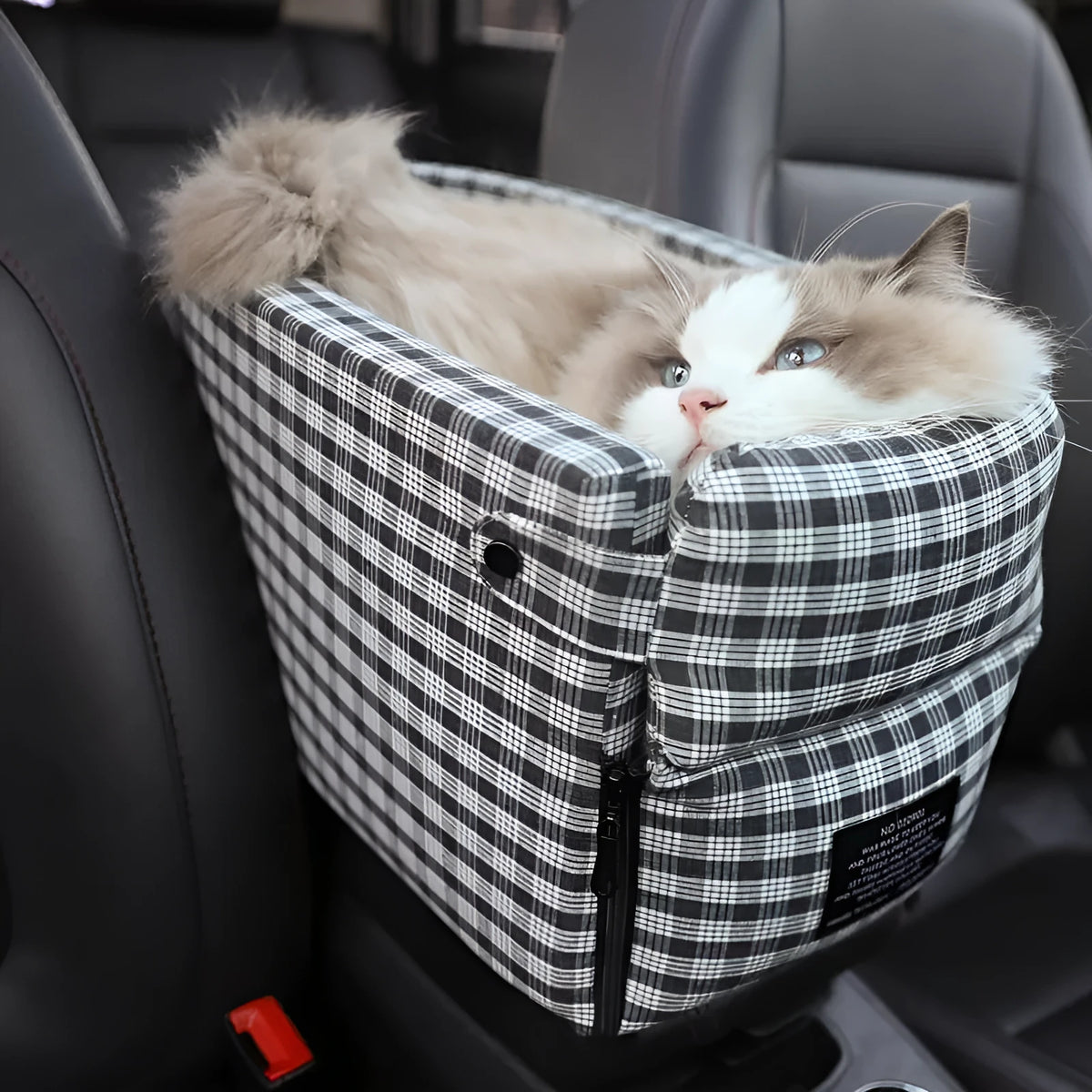 Portable nonslip pet car seat in mocha fabric on car central armrest for small dogs and cats