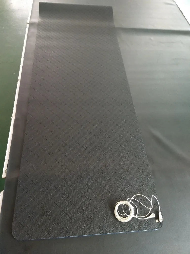 Blue conductive grounding yoga mat with plant and flower pattern, measuring 182x61cm with non-slip TPE surface