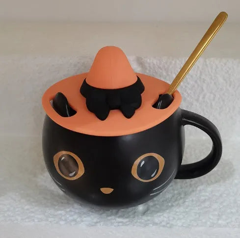 Black ceramic mug with cat-shaped pumpkin lid and spoon, 355ml capacity