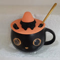 Black ceramic mug with cat-shaped pumpkin lid and spoon, 355ml capacity