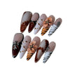 Handmade leopard print, cross and flower pattern acrylic nail stickers in XS, S, M, L sizes.
