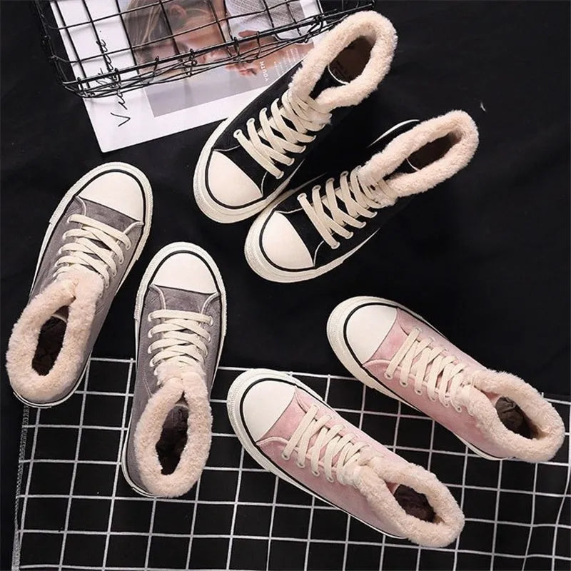 Women's cotton-padded warm-keeping canvas shoes in pink with flat heel and microfiber upper