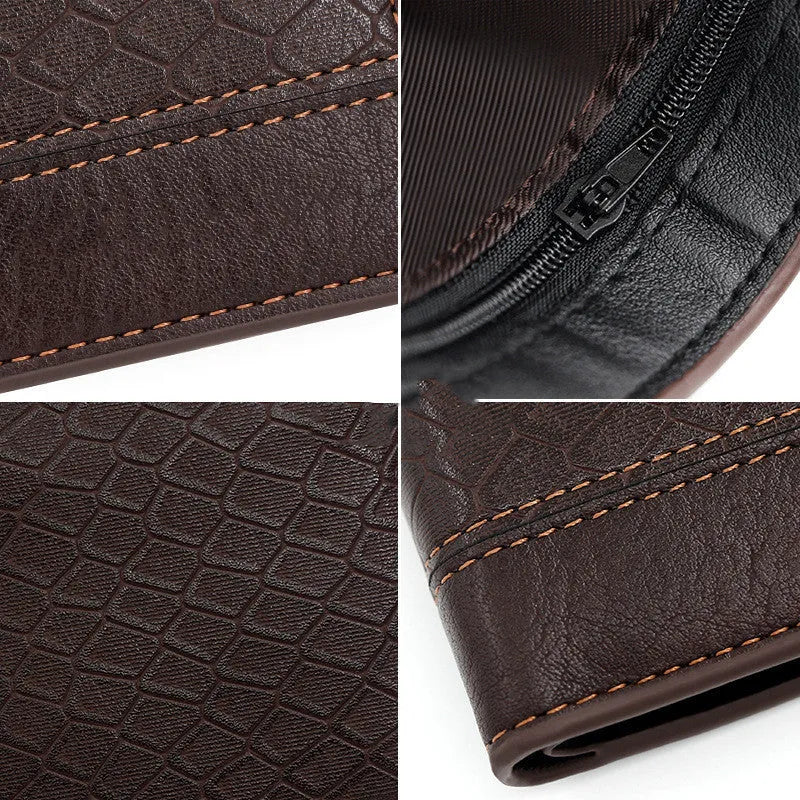 Men's horizontal square PU leather wallet with embossed snake pattern, available in rustic brown, dark brown, and black