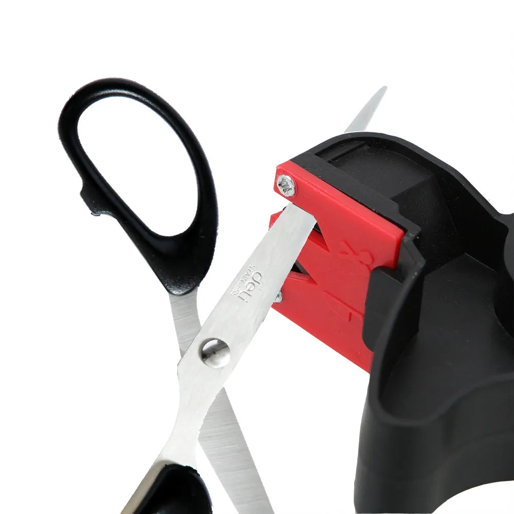Black handheld knife and scissor sharpener with a tungsten steel blade