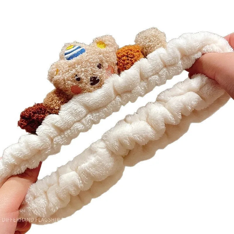 Cartoon cute face wash headband with checkered pattern and animal design in white
