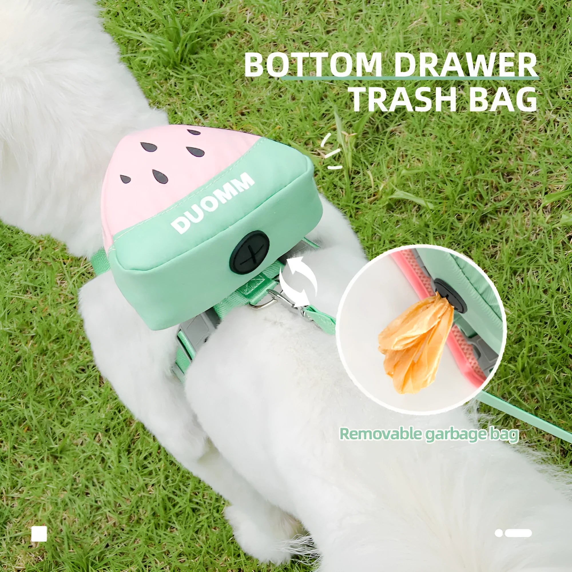 Pet backpack chest strap harness with anti-slip traction rope in green colour