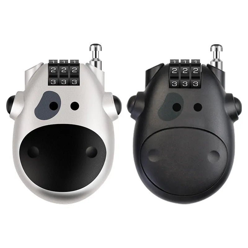 Cow-shaped retractable helmet lock with steel cable in silver and black colour variations