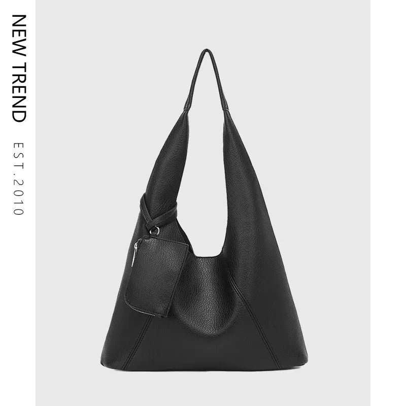 Large capacity PU tote bucket bag in brown, vertical square shape 34x10x43cm, with contrast stitching and sandwich pocket