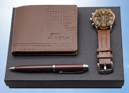 Modern business gift set showing wallet, pen and watch in brown and black colour options with gift box