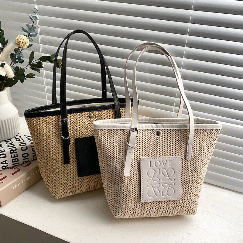 Straw woven women's shoulder bag with horizontal square shape and three-dimensional pocket