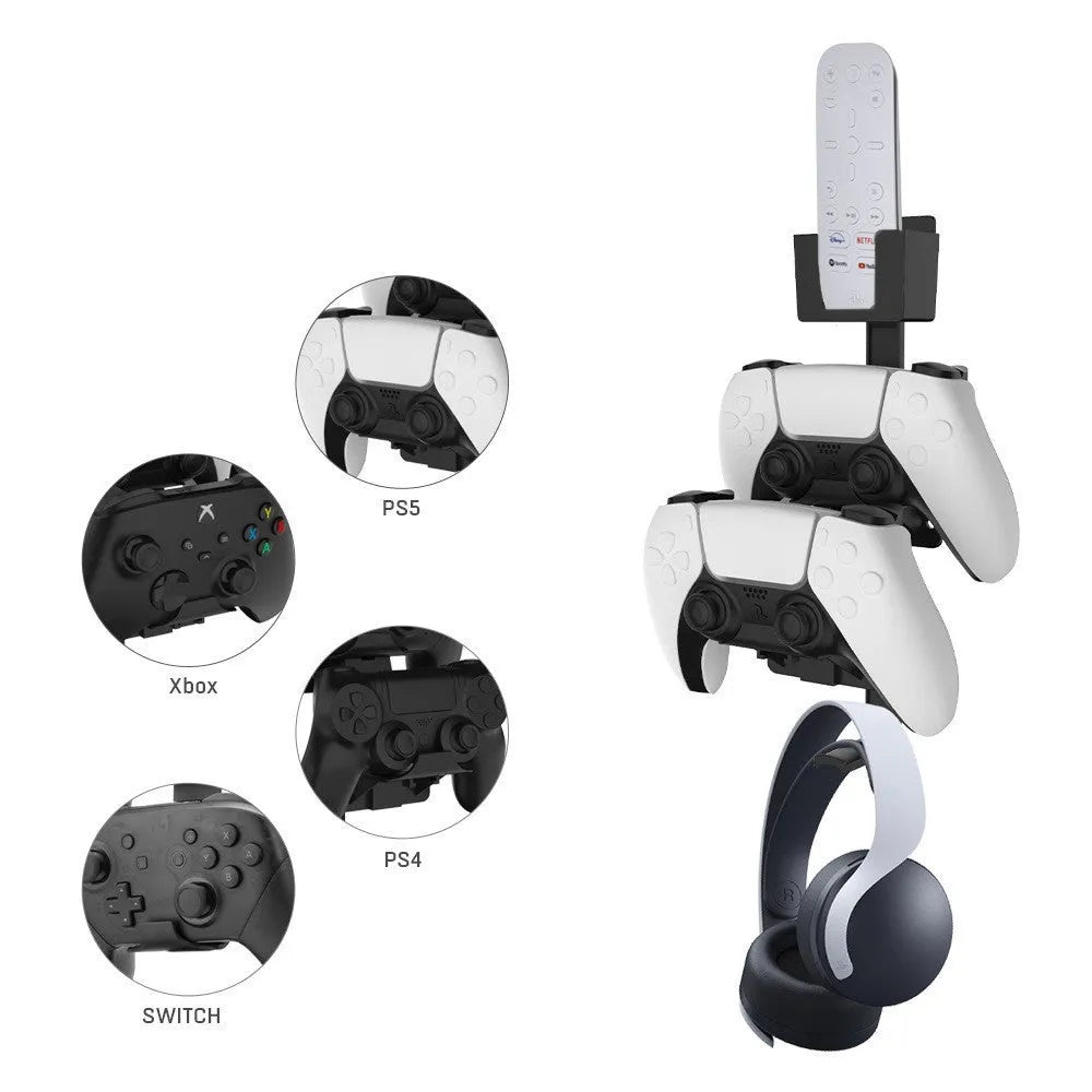 Wall-mounted white ABS plastic hook holding PS5 controller and gaming headset
