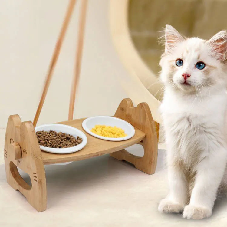 Height-adjustable ceramic double pet bowl with bamboo stand, separate bowls, non-slip base, original wood colour