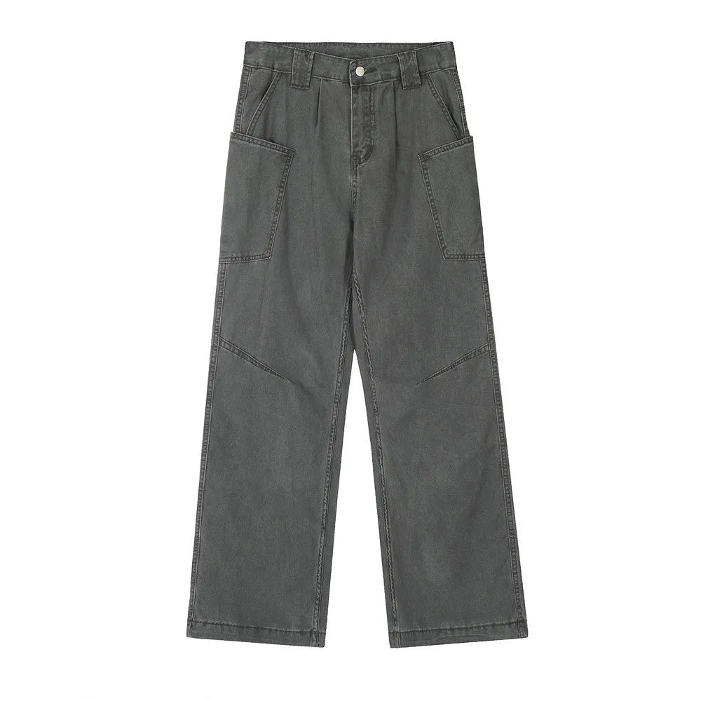 Mens loose fit denim work trousers in black, dark green, and smoky gray cotton fabric