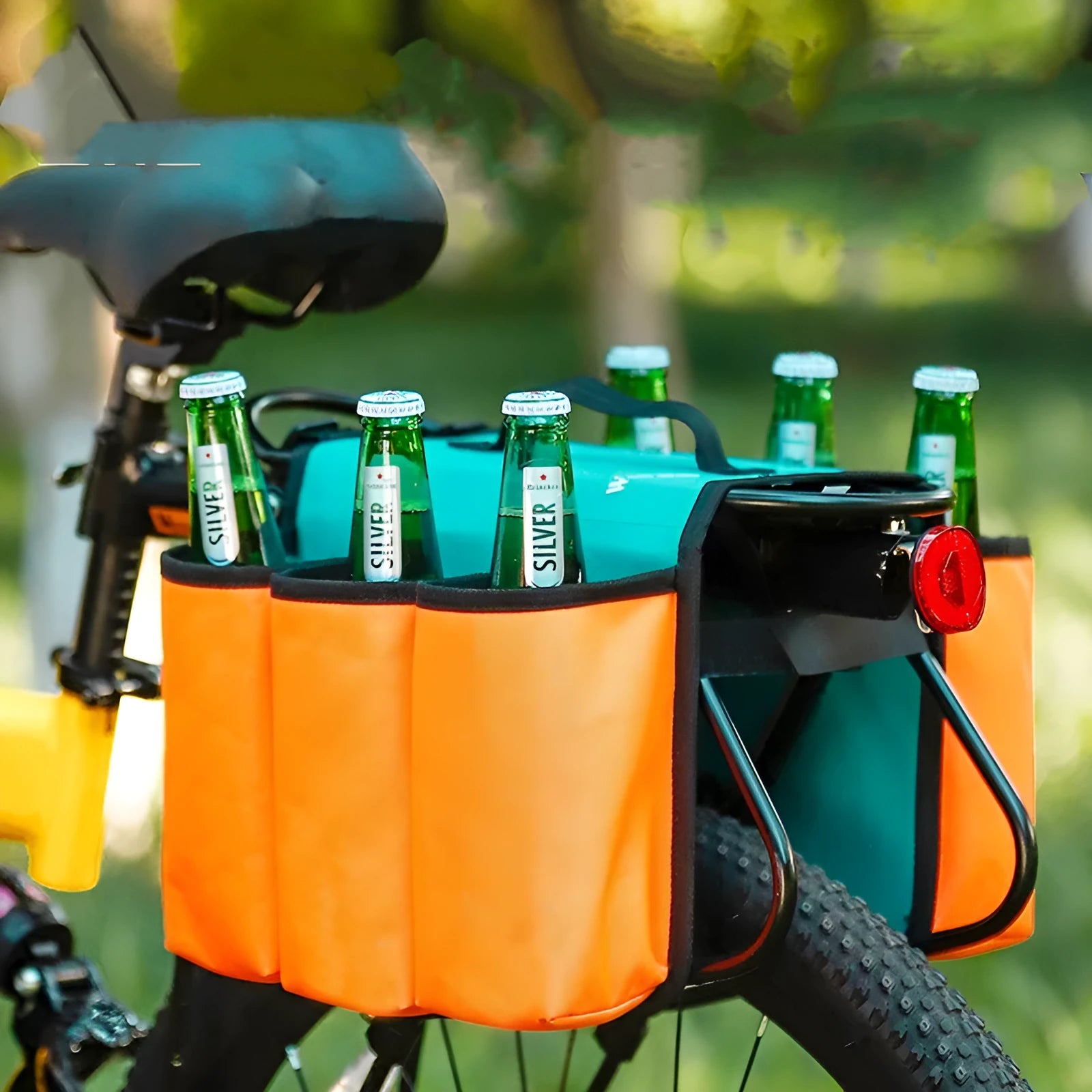 Black and blue orange double-sided bicycle drink storage bag made from 600D PVC with 2L capacity.