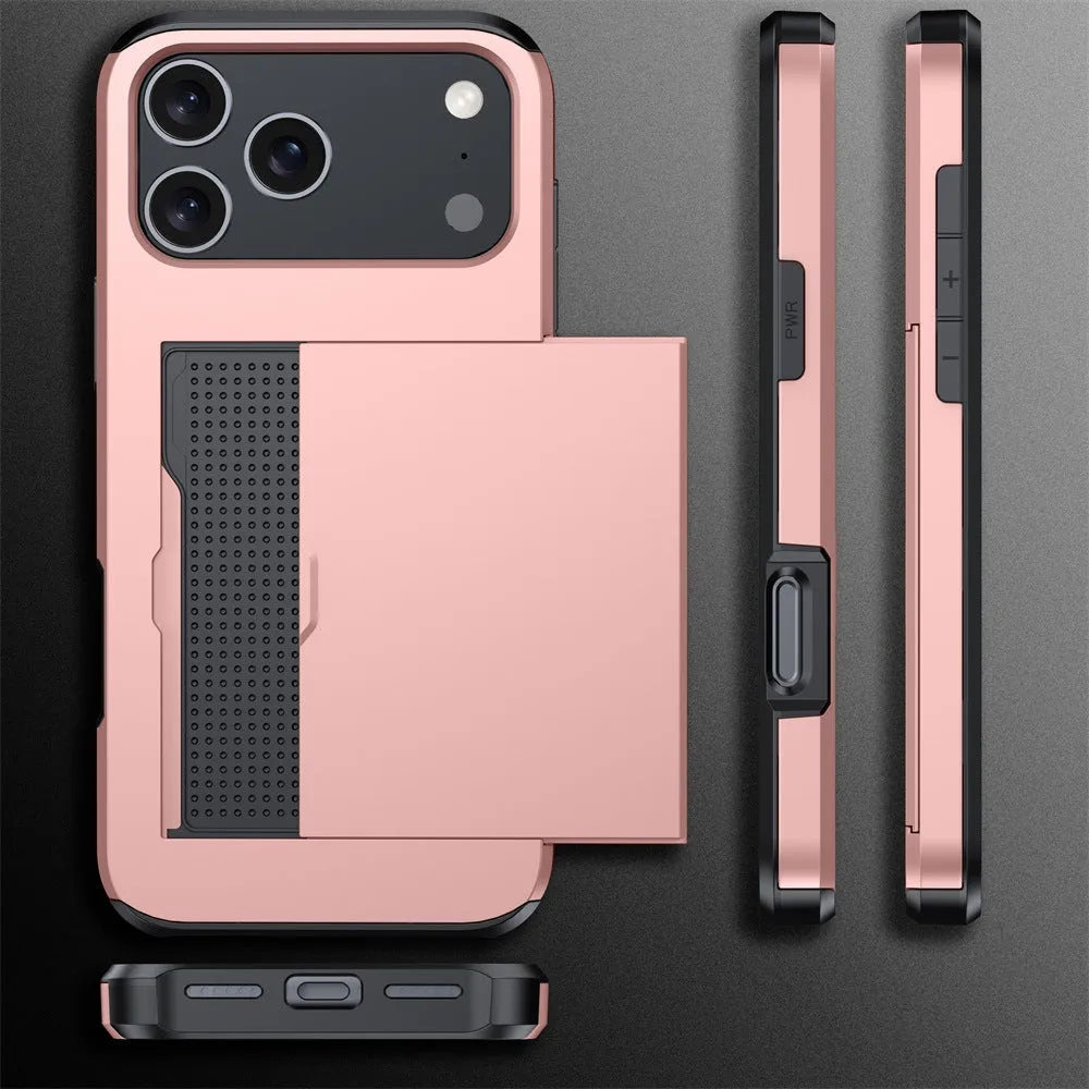 Sliding cover card holder phone case for iPhone in multiple colour options showing card slot.