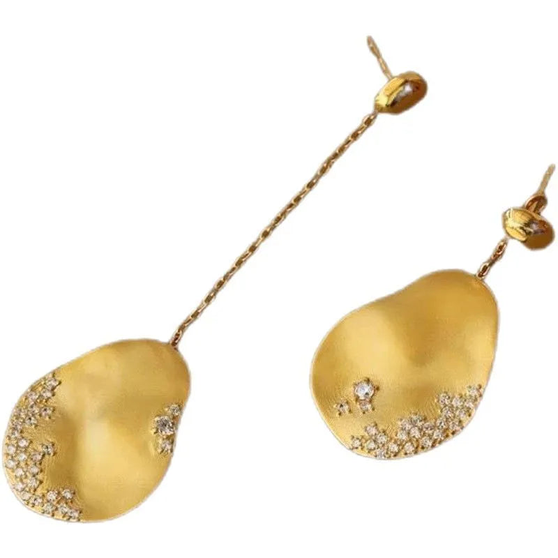 Asymmetric gold-plated floral earrings with zircon stone mosaic accents in Chinese style design