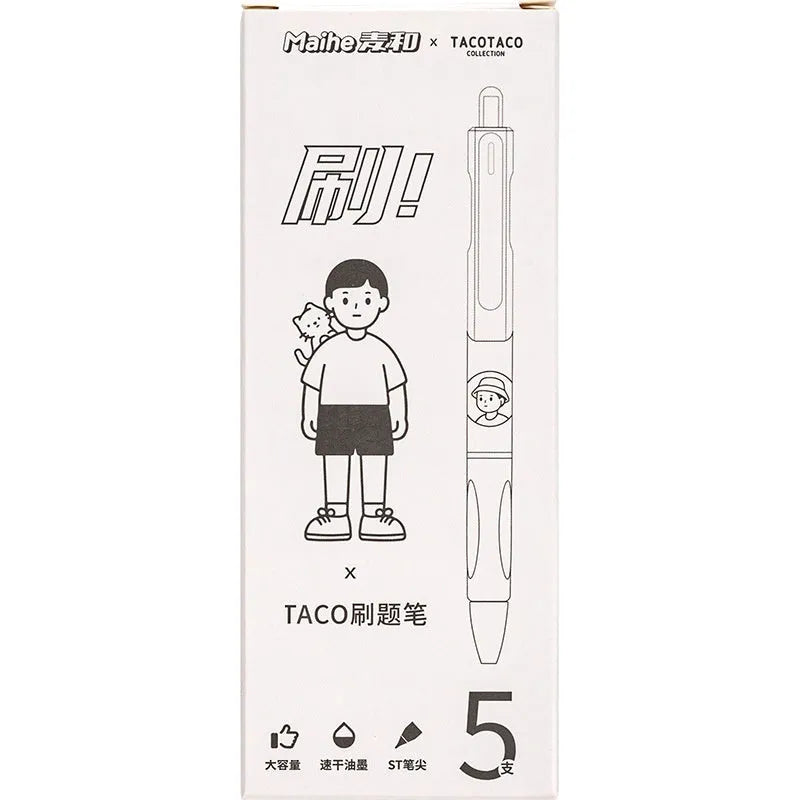 Five black Taco ballpoint pens with 0.5mm tips for student writing