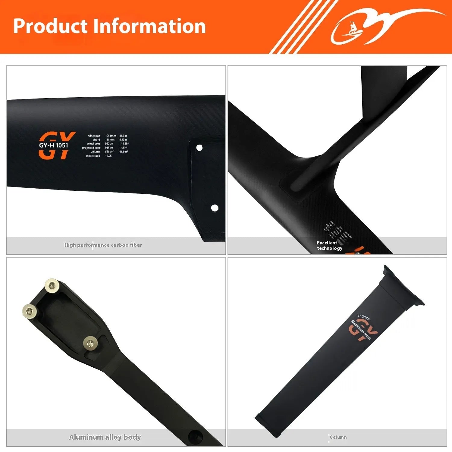 Black carbon fibre and aluminium racing hydrofoil for surfing with large front wing.