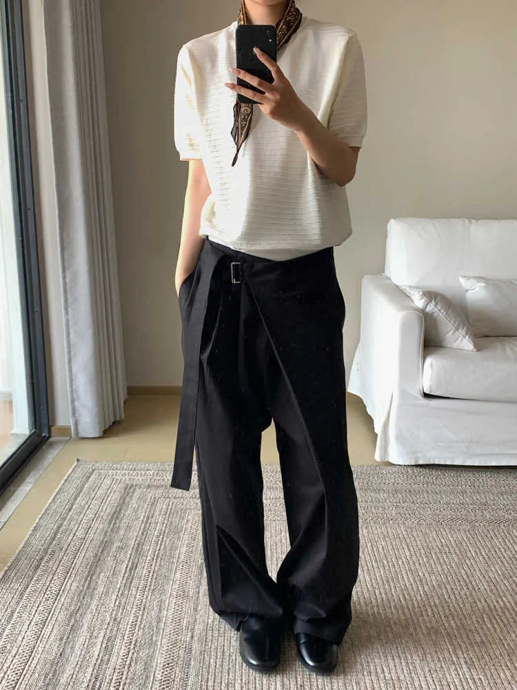 Black straight-leg trousers with adjustable waistband and single-pleat front detail