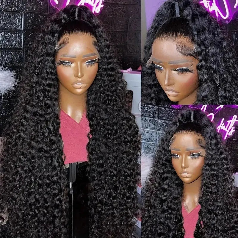 Black front lace synthetic wig with long curly hair and side bangs on display