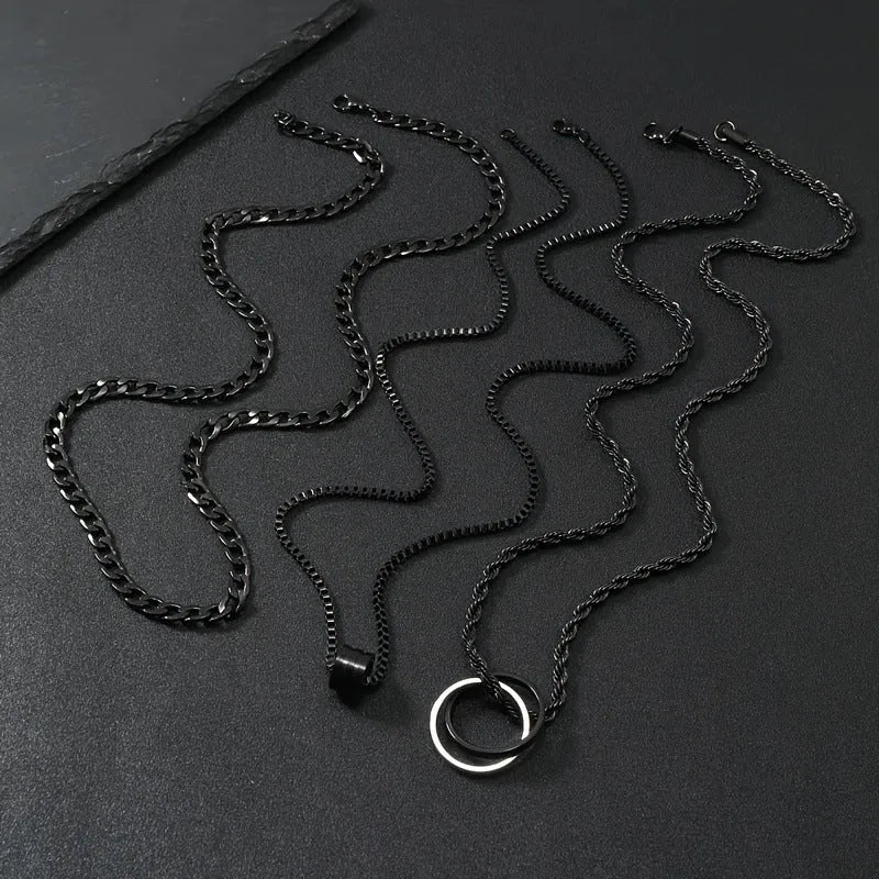 Men's black stainless steel necklace set with geometric titanium steel pendant and ring buckle.