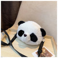 Soft plush panda head design crossbody bag showing cylindrical shape and outer pocket.