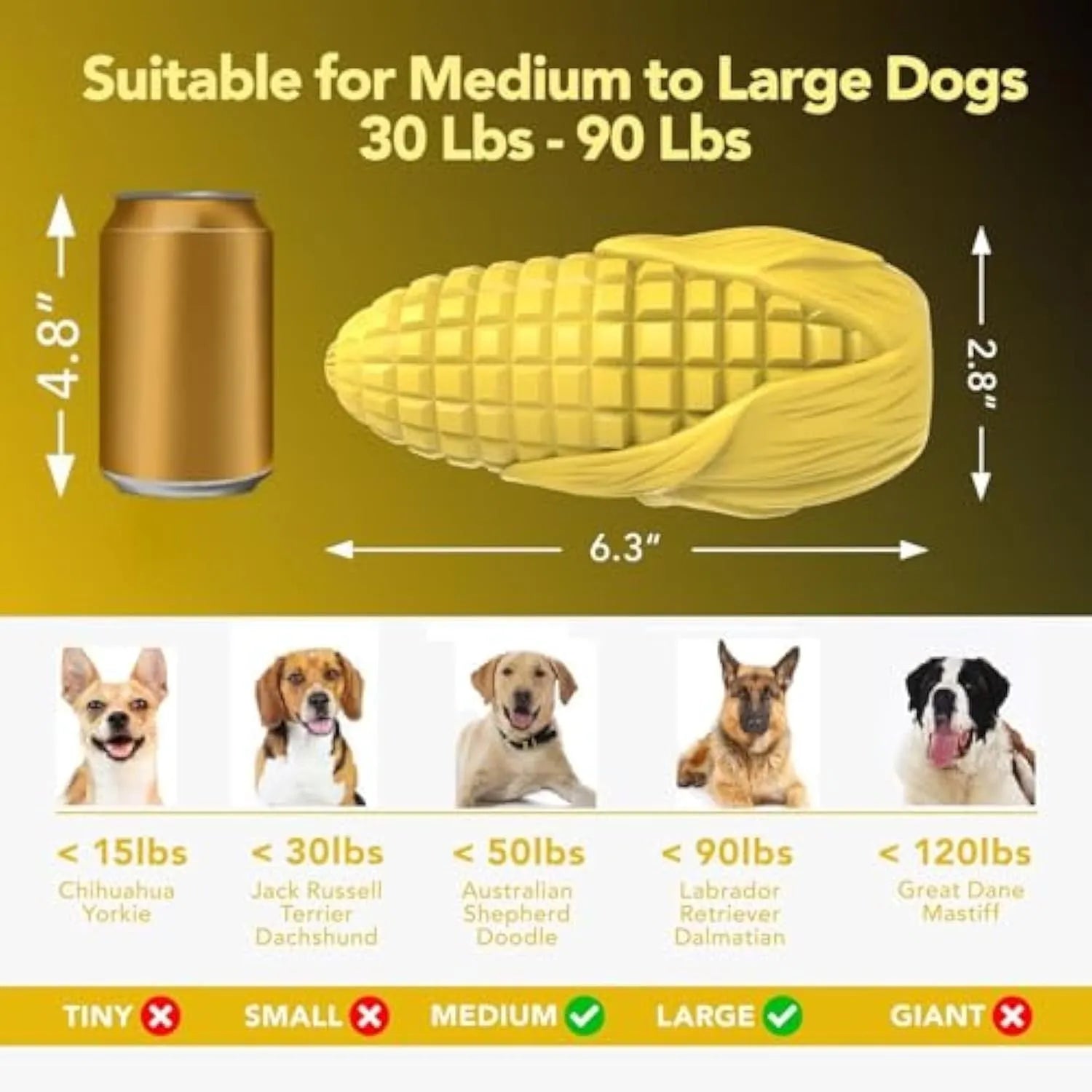 Corn-shaped durable dog chew toy in blue or yellow colour with surface grooves for dental care