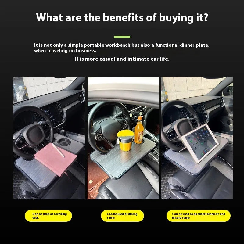 Black ABS car tray with foldable drink cup holder on a car passenger seat