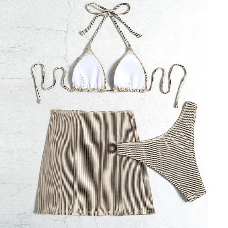 Three-piece bikini swimsuit set in small rib polyester fabric for swimming activities
