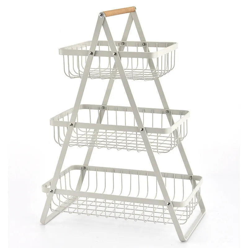 Black detachable double-layer iron fruit basket with wooden handle showing separated and stacked configurations