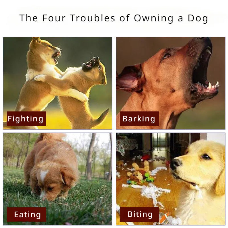 Adjustable dog muzzle silencer in black or brown showing anti-barking and bite prevention design for small to large dogs