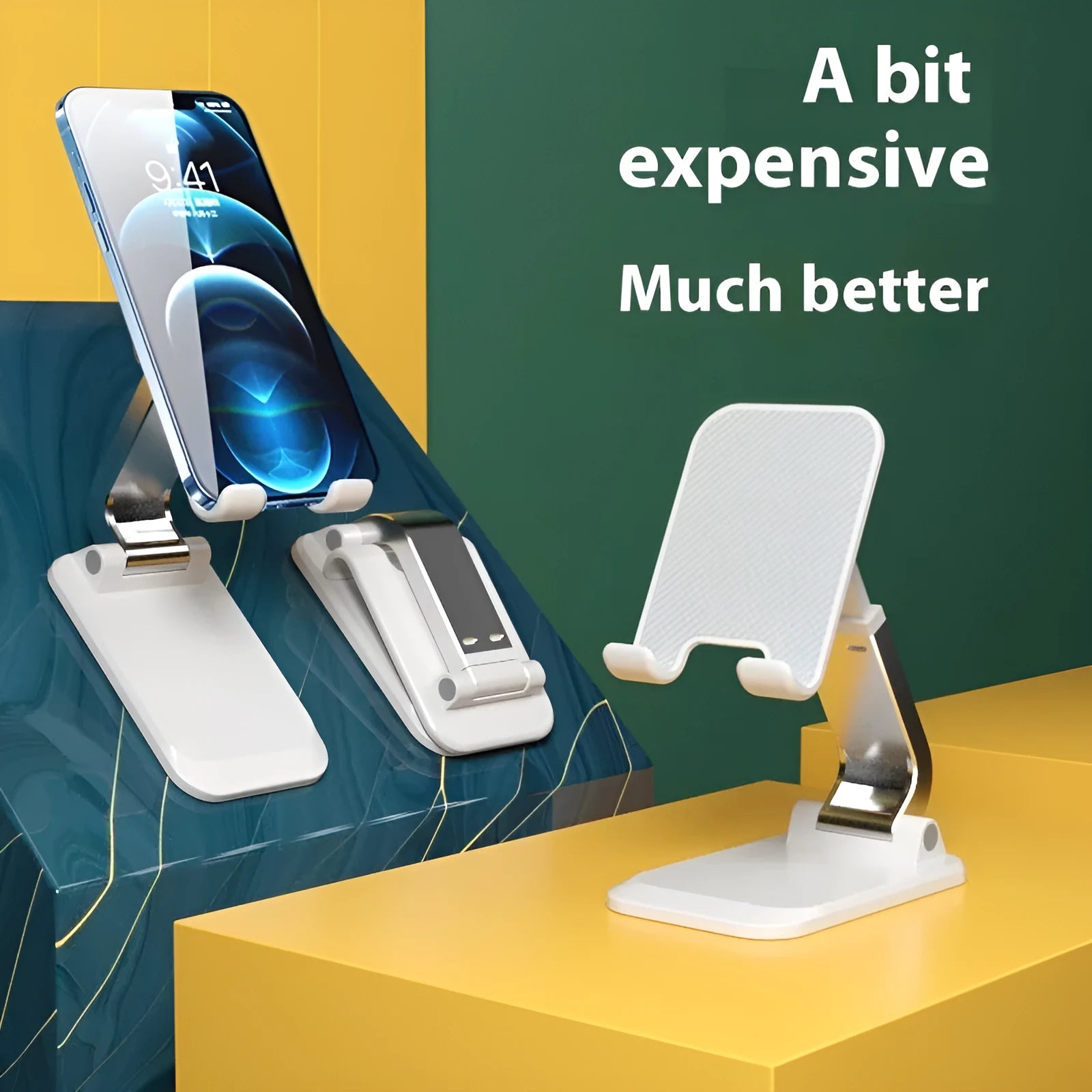 Folding portable desktop mobile phone stand in black, white, blue, or pink on a wooden desk.