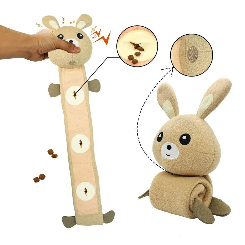 Plush dog sniff toy in poached bunny colour with food hiding and soundmaking features