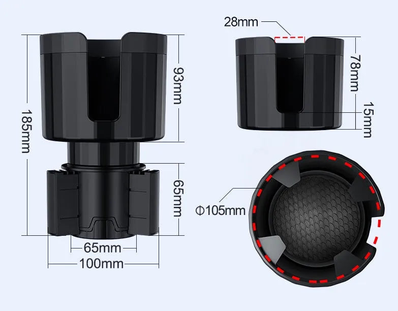 Matte black adjustable car cup holder expander for large bottles and cups on a car centre console