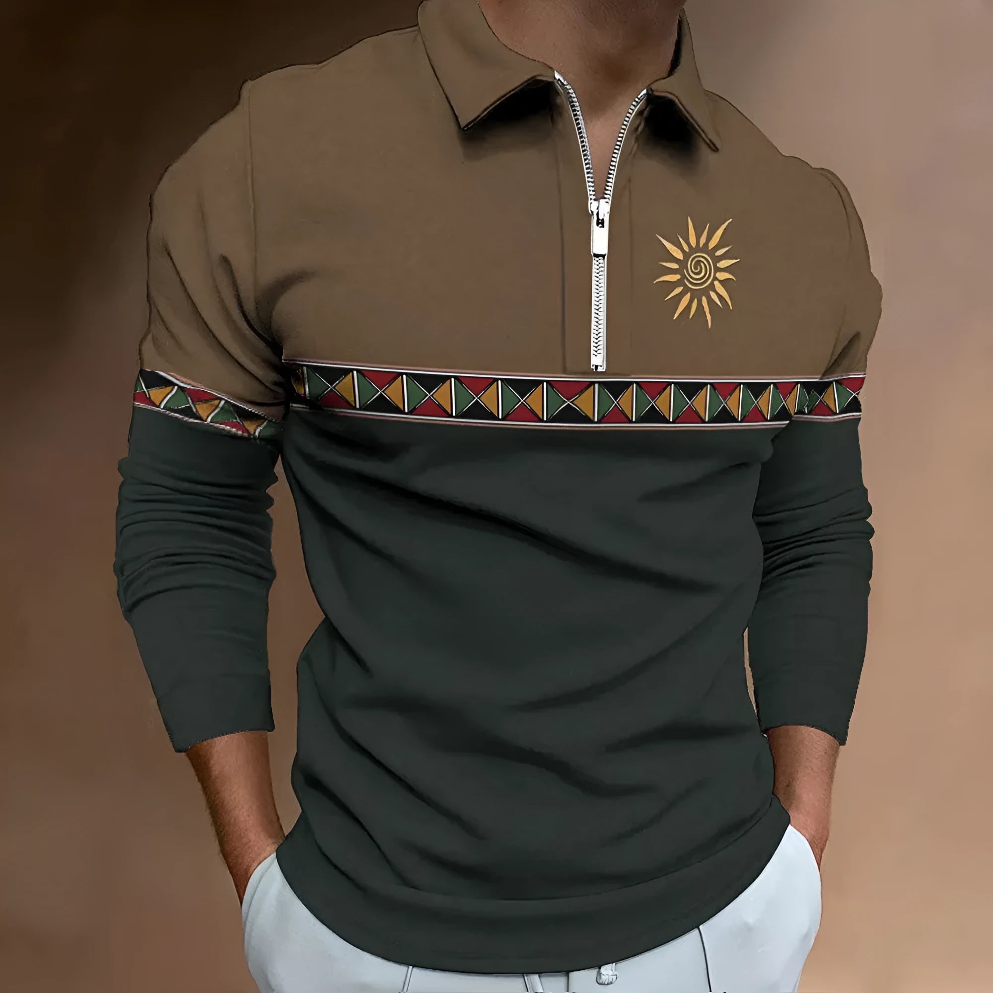 Man modelling a men's long-sleeved retro print golf t-shirt with zip decoration in a loose fit.